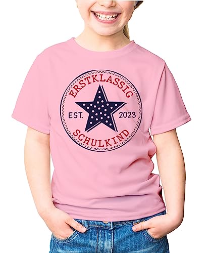 MoonWorks® Kinder T-Shirt Mädchen Einschulung Schulkind Stern Schriftzug Erstklassig Geschenk Schulanfang rosa 122-128 (7-8 Jahre) von MoonWorks