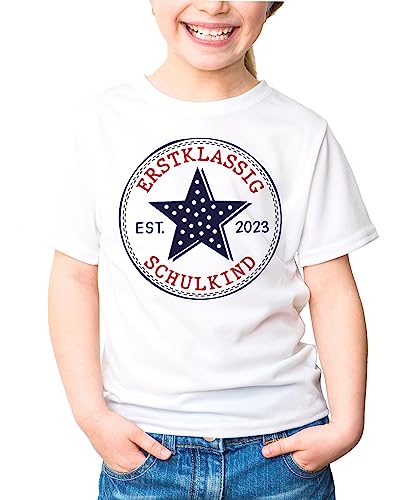 MoonWorks® Kinder T-Shirt Mädchen Einschulung Schulkind Stern Schriftzug Erstklassig Geschenk Schulanfang weiß 141-152 (11-12 Jahre) von MoonWorks