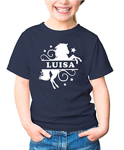 MoonWorks® Kinder T-Shirt Mädchen Pferd Motiv eigener Name personalisierbares Geschenk für Mädchen Reiten Navy 122-128 (7-8 Jahre) von MoonWorks