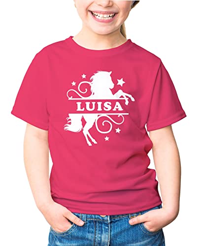 MoonWorks® Kinder T-Shirt Mädchen Pferd Motiv eigener Name personalisierbares Geschenk für Mädchen Reiten pink 110-116 (5-6 Jahre) von MoonWorks