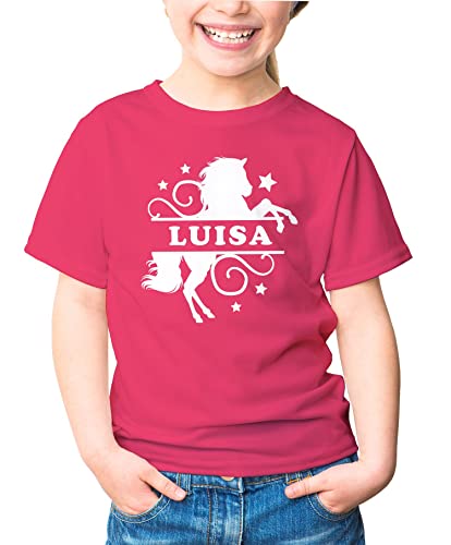 MoonWorks® Kinder T-Shirt Mädchen Pferd Motiv eigener Name personalisierbares Geschenk für Mädchen Reiten pink 122-128 (7-8 Jahre) von MoonWorks