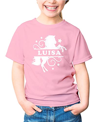 MoonWorks® Kinder T-Shirt Mädchen Pferd Motiv eigener Name personalisierbares Geschenk für Mädchen Reiten rosa 110-116 (5-6 Jahre) von MoonWorks