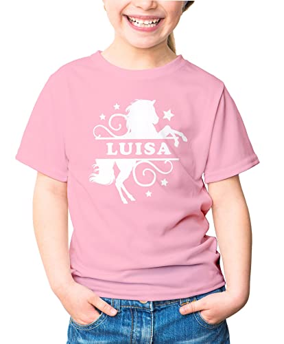 MoonWorks® Kinder T-Shirt Mädchen Pferd Motiv eigener Name personalisierbares Geschenk für Mädchen Reiten rosa 122-128 (7-8 Jahre) von MoonWorks