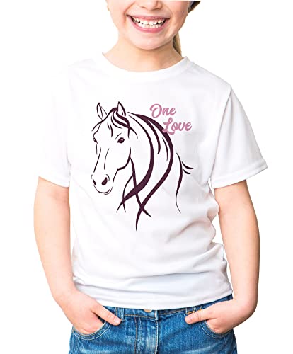 MoonWorks® Kinder T-Shirt Mädchen Pferde-Motiv Reiten Geschenk für Pferdeliebhaber Mädchen Geburtstag Weihnachten weiß 110-116 (5-6 Jahre) von MoonWorks