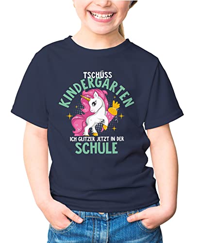 MoonWorks® Kinder T-Shirt Mädchen Schulkind Tschüss Kindergarten ich Glitzer jetzt in der Schule Einhorn Geschenk zur Einschulung Navy 122-128 (7-8 Jahre) von MoonWorks