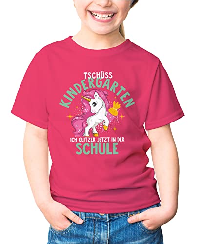 MoonWorks® Kinder T-Shirt Mädchen Schulkind Tschüss Kindergarten ich Glitzer jetzt in der Schule Einhorn Geschenk zur Einschulung pink 110-116 (5-6 Jahre) von MoonWorks