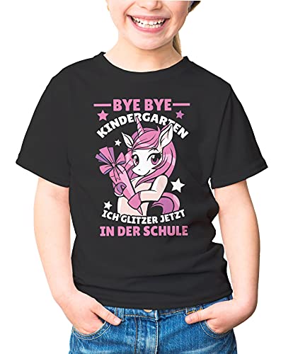 MoonWorks® Kinder T-Shirt Mädchen mit Einhorn Motiv und Spruch Bye Bye Kindergarten, ich Glitzer jetzt in der Schule Geschenk zur Einschulung 2025 Schulanfang Schwarz 110-116 (5-6 Jahre) von MoonWorks