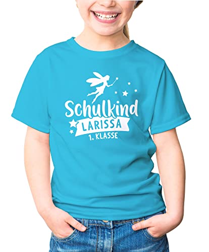 MoonWorks® Kinder T-Shirt Schulkind mit Namen personalisierbar Fee Zauberstab Geschenk zum Schulanfang türkis 122-128 (7-8 Jahre) von MoonWorks