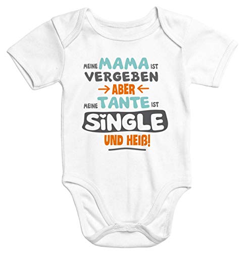 MoonWorks® Kurzarm Baby Body Meine Mama ist vergeben Aber Meine Tante ist Single und heiß Spruch lustig weiß 0-3 Monate von MoonWorks