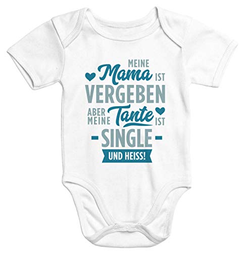 MoonWorks® Kurzarm Baby-Body Spruch Tante Meine Tante ist Single und heiß Bio-Baumwolle weiß-blau 3-6 Monate von MoonWorks