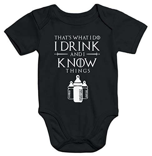 MoonWorks® Kurzarm Baby-Body mit Aufdruck I Drink and I Know Things Milch Bio-Baumwolle schwarz 0-3 Monate von MoonWorks