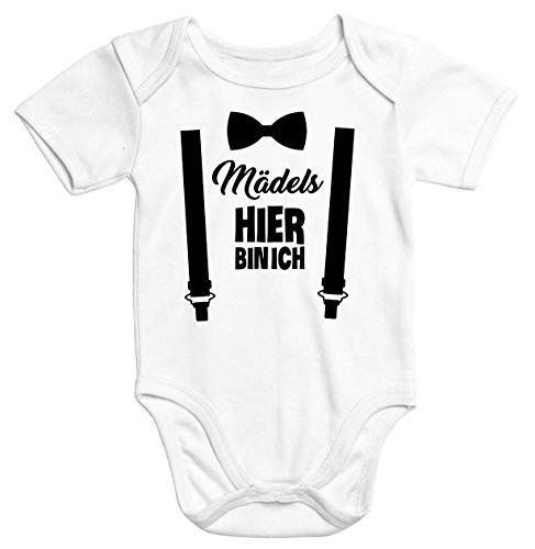 MoonWorks® Kurzarm Baby-Body mit Aufdruck Mädels Hier Bin ich lustig Spruch Strampler Bio-Baumwolle weiß 0-3 Monate von MoonWorks