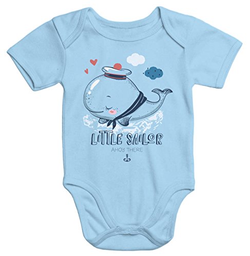 MoonWorks® Kurzarm Baby-Body mit Aufdruck Wal Matrose Sailor Bio-Baumwolle hellblau 6-12 Monate von MoonWorks