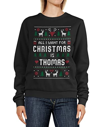 MoonWorks® Sweatshirt Damen All I Want for Christmas Weihnachten Wunschname Text-Zeile personalisierbar Ugly Sweater Pullover schwarz L von MoonWorks
