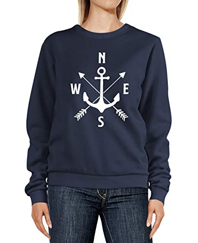 MoonWorks® Sweatshirt Damen Damen Aufdruck Motiv Anker Kompass Pfeile Rundhals-Pullover Pulli Sweater ) Rundhals-Pullover Pulli Sweater Navy XL von MoonWorks