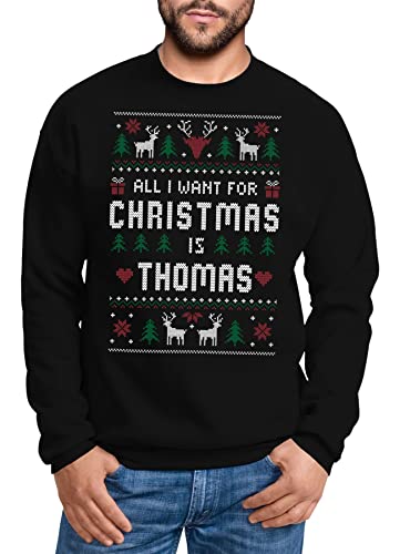 MoonWorks® Sweatshirt Herren All I Want for Christmas Weihnachten Wunschname Text-Zeile personalisierbar Ugly Sweater Pullover schwarz 3XL von MoonWorks