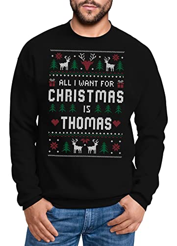 MoonWorks® Sweatshirt Herren All I Want for Christmas Weihnachten Wunschname Text-Zeile personalisierbar Ugly Sweater Pullover schwarz S von MoonWorks