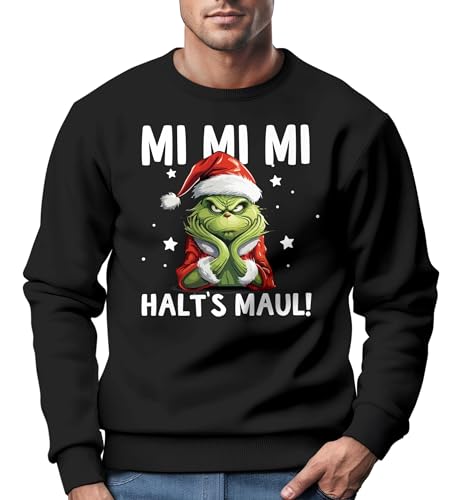 MoonWorks® Sweatshirt Herren Weihnachten Grinch Mimimi Halts Maul Spruch Weihnachtsmuffel Print Ugly Xmas Sweater Rundhals-Pullover schwarz L von MoonWorks