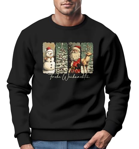 MoonWorks® Sweatshirt Herren Weihnachten Retro Design mit Schneemann Tannenbaum Santa Weihnachtsoutfit schwarz L von MoonWorks