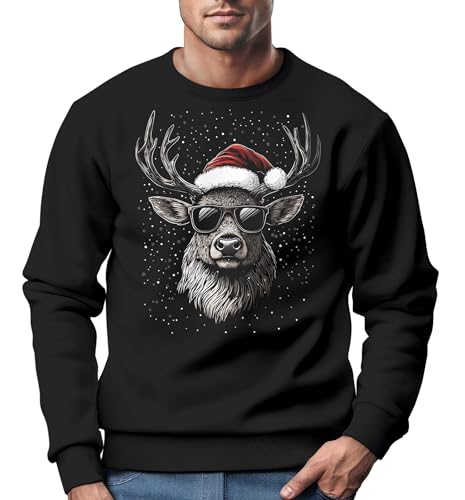 MoonWorks® Sweatshirt Herren Weihnachtspullover Aufdruck Rentier Hirsch mit Weihnachtsmütze Weihnachtsoutfit Männer schwarz M von MoonWorks