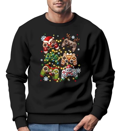 MoonWorks® Sweatshirt Herren Weihnachtspullover Lustig Lebkuchen Konsole Gaming Design Weihnachtsoutfit Männer schwarz XL von MoonWorks