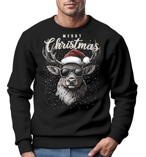 MoonWorks® Sweatshirt Herren Weihnachtspullover Rentier Hirsch mit Weihnachtsmütze Schriftzug Merry Christmas Xmas schwarz M von MoonWorks