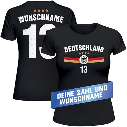 MoonWorks® T-Shirt Damen Deutschland Trikot Fontprint Backprint personalisiert mit Name Wunschzahl Fußball EM 2024 schwarz L von MoonWorks