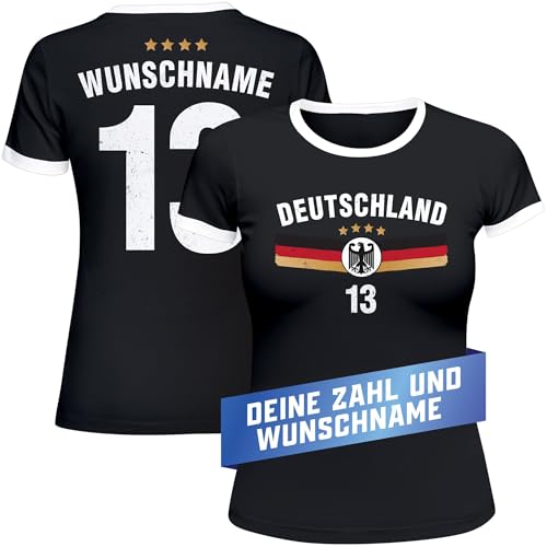 MoonWorks® T-Shirt Damen Deutschland Trikot Fontprint Backprint personalisiert mit Name Wunschzahl Fußball EM 2024 schwarz-weiß L von MoonWorks