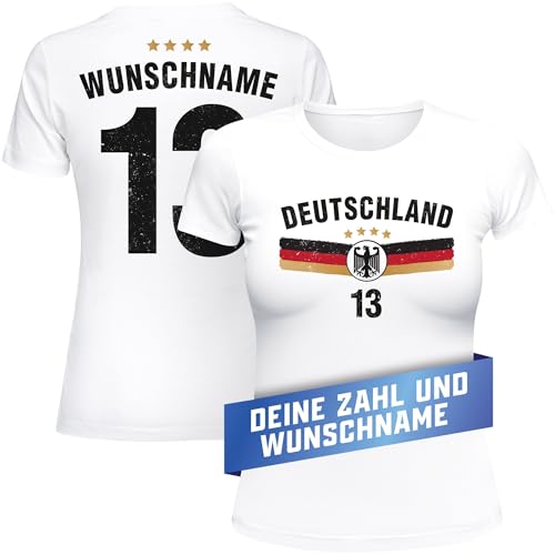 MoonWorks® T-Shirt Damen Deutschland Trikot Fontprint Backprint personalisiert mit Name Wunschzahl Fußball EM 2024 weiß L von MoonWorks
