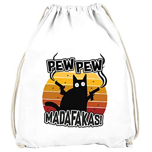 MoonWorks® Turnbeutel Pew Pew Madafakas Katze Western Cat Meme Gymsac Gymbag Drawstring Bag weiß unisize von MoonWorks