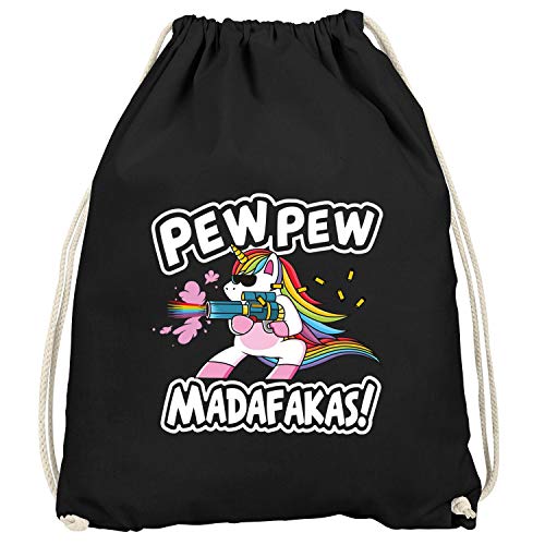 MoonWorks® Turnbeutel Pew Pew Madafakas böses Einhorn Regenbogen Unicorn Gymsac schwarz unisize von MoonWorks