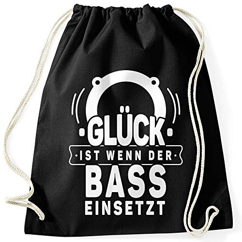 MoonWorks® Turnbeutel Spruch Glück ist wenn der Bass einsetzt Stoffbeutel Party-Beutel Tasche tanzen feiern Festival schwarz unisize von MoonWorks