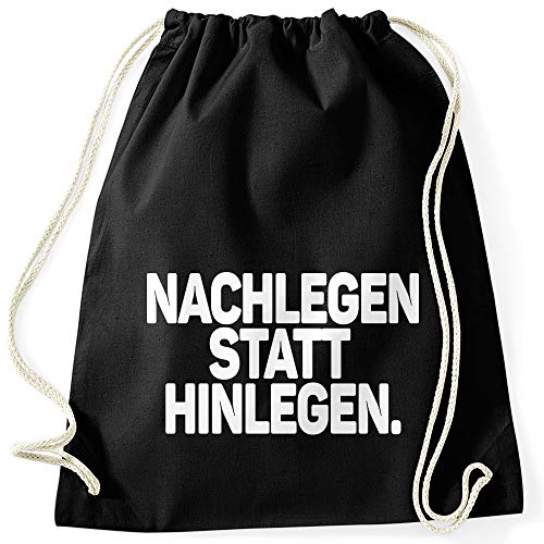 MoonWorks® Turnbeutel Spruch lustig Nachlegen statt hinlegen Stoffbeutel gym bag schwarz unisize von MoonWorks