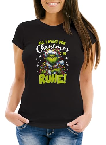 MoonWorks® Weihnachtsshirt Damen Spruch Grinch Ruhe T-Shirt Weihnachten Lustig Weihnachtsoutfit Frauen schwarz XXL von MoonWorks