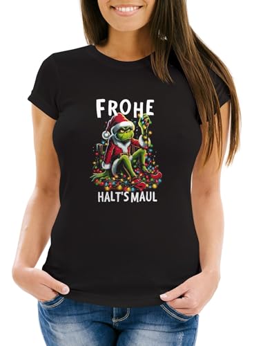 MoonWorks® Weihnachtsshirt Damen Spruch T-Shirt Weihnachten Halts Maul Grinch Weihnachtsoutfit Frauen schwarz L von MoonWorks