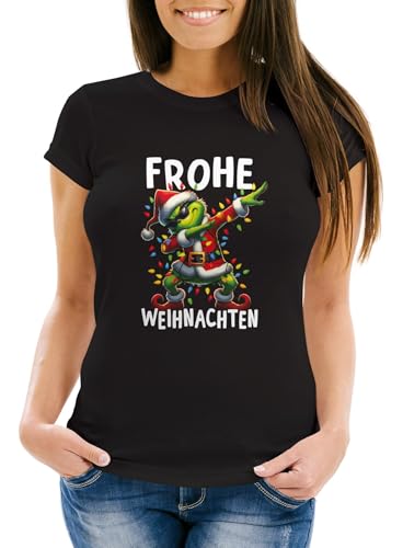 MoonWorks® Weihnachtsshirt Damen T-Shirt Frohe Weihnachten Lustig Grinch Dab Weihnachtsoutfit Frauen schwarz L von MoonWorks