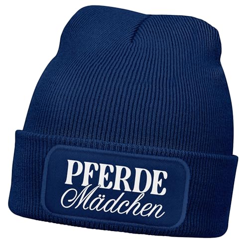 MoonWorks® Wintermütze Kinder Beanie für Mädchen mit Patch Pferdemädchen Aufdruck Reiten Print Strickmütze Navy Unisize von MoonWorks