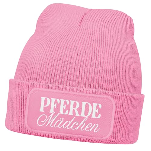 MoonWorks® Wintermütze Kinder Beanie für Mädchen mit Patch Pferdemädchen Aufdruck Reiten Print Strickmütze Rosa-Weiss Unisize von MoonWorks