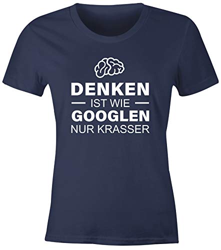 MoonWorks® witziges Damen T-Shirt Denken ist wie googlen nur krasser Spruch lustig Spruch-Shirt Fun-Shirt Slim Fit Navy M von MoonWorks