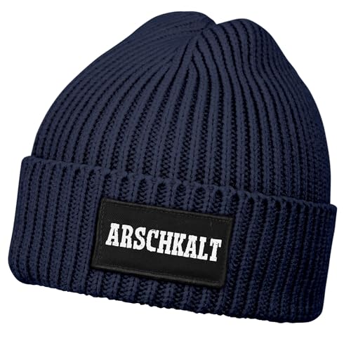 MoonWorks®Damen Beanie mit Patch Strickmütze mit Spruch Arschkalt Aufdruck Lustig Damenmütze Navy Unisize von MoonWorks