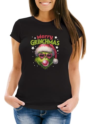 MoonWorks®Weihnachtsshirt Damen Spruch Merry Grinchmas T-Shirt Weihnachten Lustig Weihnachtsoutfit Frauen schwarz S von MoonWorks