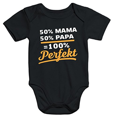 MoonWorks Baby Body 50% Mama 50% Papa 100% Perfekt Babybody Bio-Baumwolle Kurzarm schwarz 0-3 Monate von MoonWorks