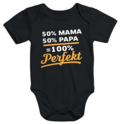 MoonWorks Baby Body 50% Mama 50% Papa 100% Perfekt Babybody Bio-Baumwolle Kurzarm schwarz 3-6 Monate von MoonWorks