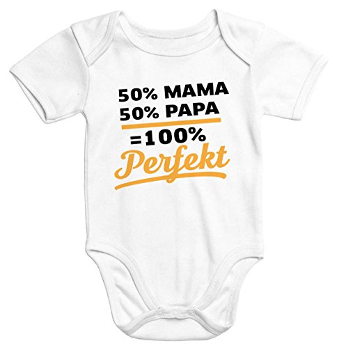 MoonWorks Baby Body 50% Mama 50% Papa 100% Perfekt Babybody Bio-Baumwolle Kurzarm weiß 0-3 Monate von MoonWorks