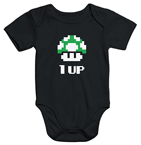 MoonWorks Baby Body Geburtstag Retro Pixel-Pilz 90er Konsole Spiel Level up Bio-Baumwolle schwarz 0-3 Monate von MoonWorks