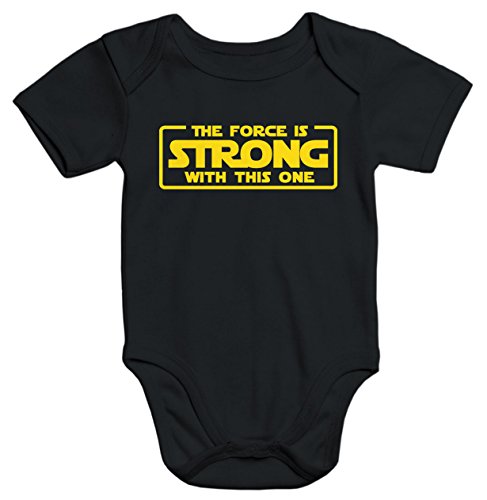 MoonWorks Baby-Body mit The Force is Strong with This one Aufdruck Bio-Baumwolle Kurzarm schwarz-gelb 0-3 Monate von MoonWorks