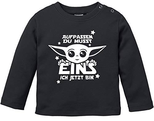 MoonWorks Baby Langarm-Shirt Baby Yoda Parodie 1/2 Geburtstag Spruch Geburtstagsshirt Bio-Baumwolle Junge/Mädchen 1 ich jetzt Bin schwarz 68/74 (4-9 Monate) von MoonWorks