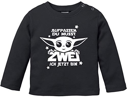 MoonWorks Baby Langarm-Shirt Baby Yoda Parodie 1/2 Geburtstag Spruch Geburtstagsshirt Bio-Baumwolle Junge/Mädchen 2 ich jetzt Bin schwarz 80/86 (10-15 Monate) von MoonWorks