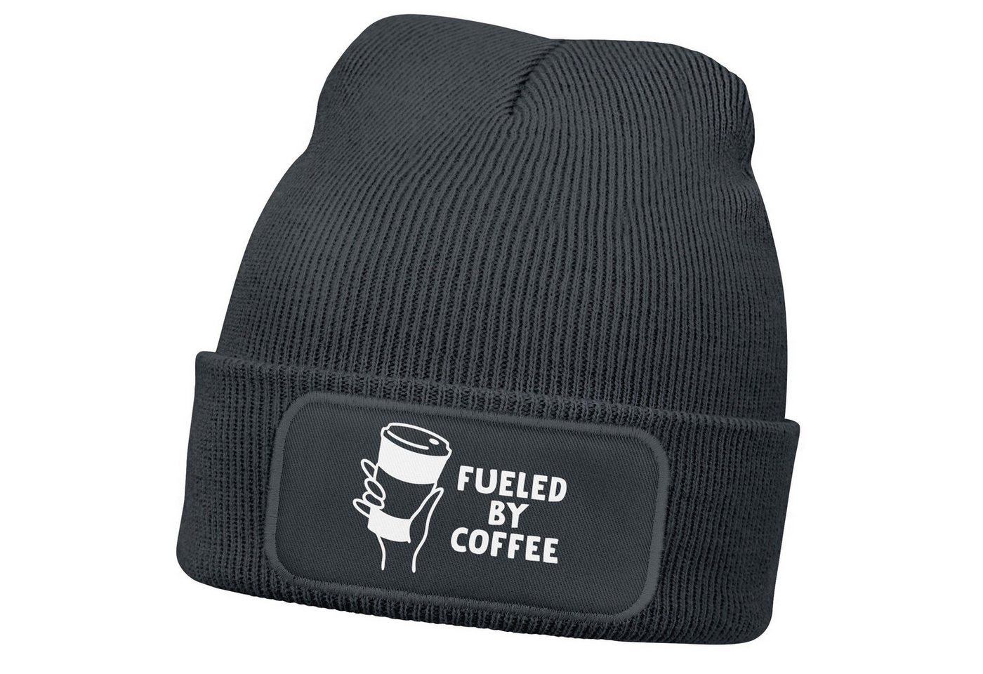 MoonWorks Beanie Herren Beanie mit Patch Strickmütze Spruch Fueled by Coffe Aufdruck von MoonWorks