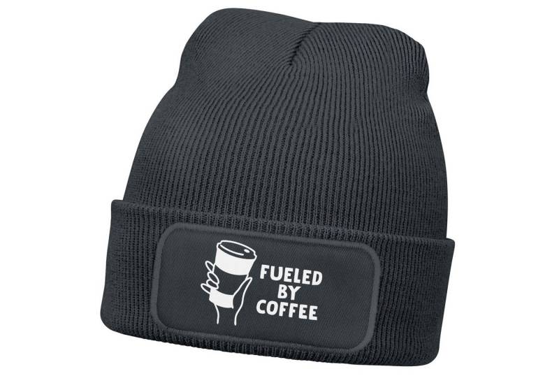 MoonWorks Beanie Herren Beanie mit Patch Strickmütze Spruch Fueled by Coffe Aufdruck von MoonWorks